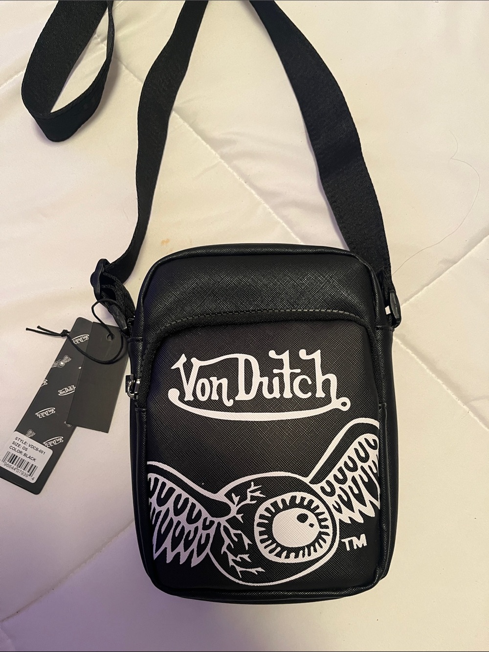 Von Dutch Black Messenger Bag with White Logo and Wing Graphic NWT